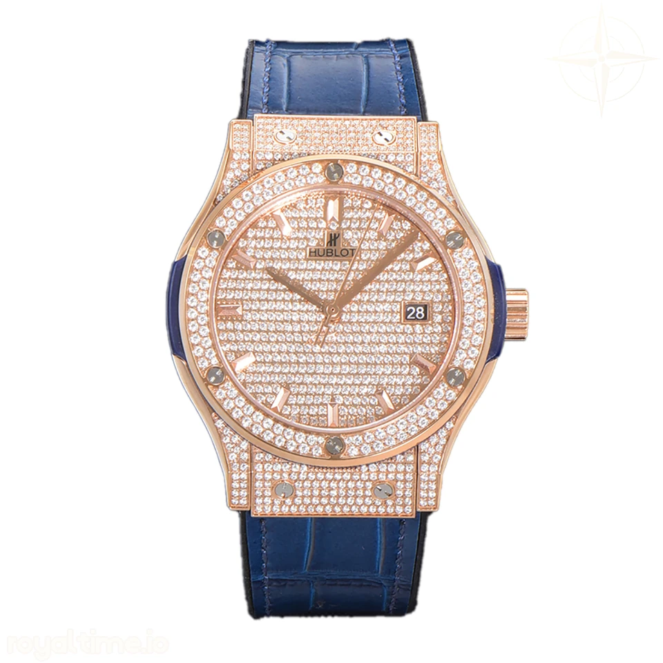 Hublot Classic Fusion Automatic 42mm Diamond Paved Dial in Rose Gold on Blue Leather Strap