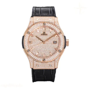 Hublot Classic Fusion Automatic 42mm Diamond Paved Dial in Rose Gold on Brown Leather Strap