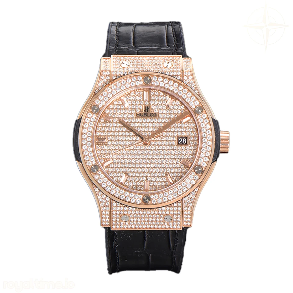 Hublot Classic Fusion Automatic 42mm Diamond Paved Dial in Rose Gold on Brown Leather Strap