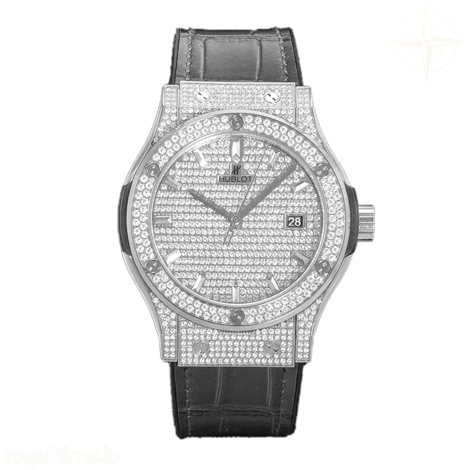 Hublot Classic Fusion Automatic 42mm Diamond Paved Dial in Steel on Black Leather Strap
