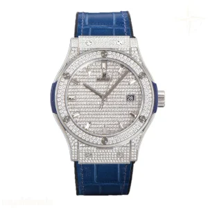 Hublot Classic Fusion Automatic 42mm Diamond Paved Dial in Steel on Blue Leather Strap