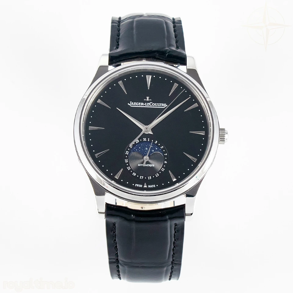 Jaeger-LeCoultre Master Ultra Thin Moon 1368420 SS Z+F Black Dial on Black Leather Strap SA925