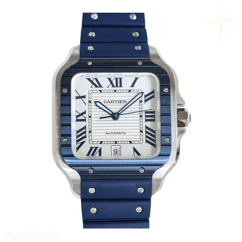 Cartier Santos de Cartier 40mm White Dial in Steel on Blue Rubber Strap