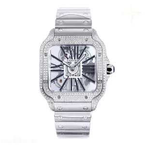 Cartier Santos De Cartier Watch Skeleton Dial Black Marker with Diamond Bezel in Steel