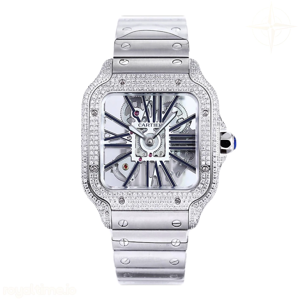 Cartier Santos De Cartier Watch Skeleton Dial Black Marker with Diamond Bezel in Steel