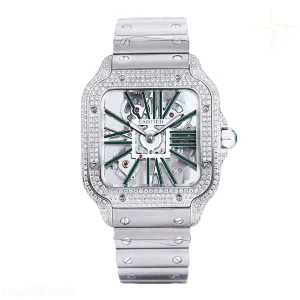 Cartier Santos De Cartier Watch Skeleton Dial Green Marker with Diamond Bezel in Steel