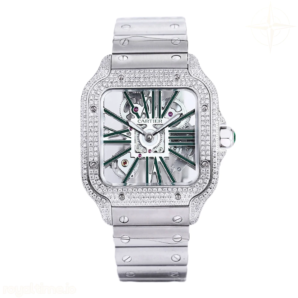 Cartier Santos De Cartier Watch Skeleton Dial Green Marker with Diamond Bezel in Steel