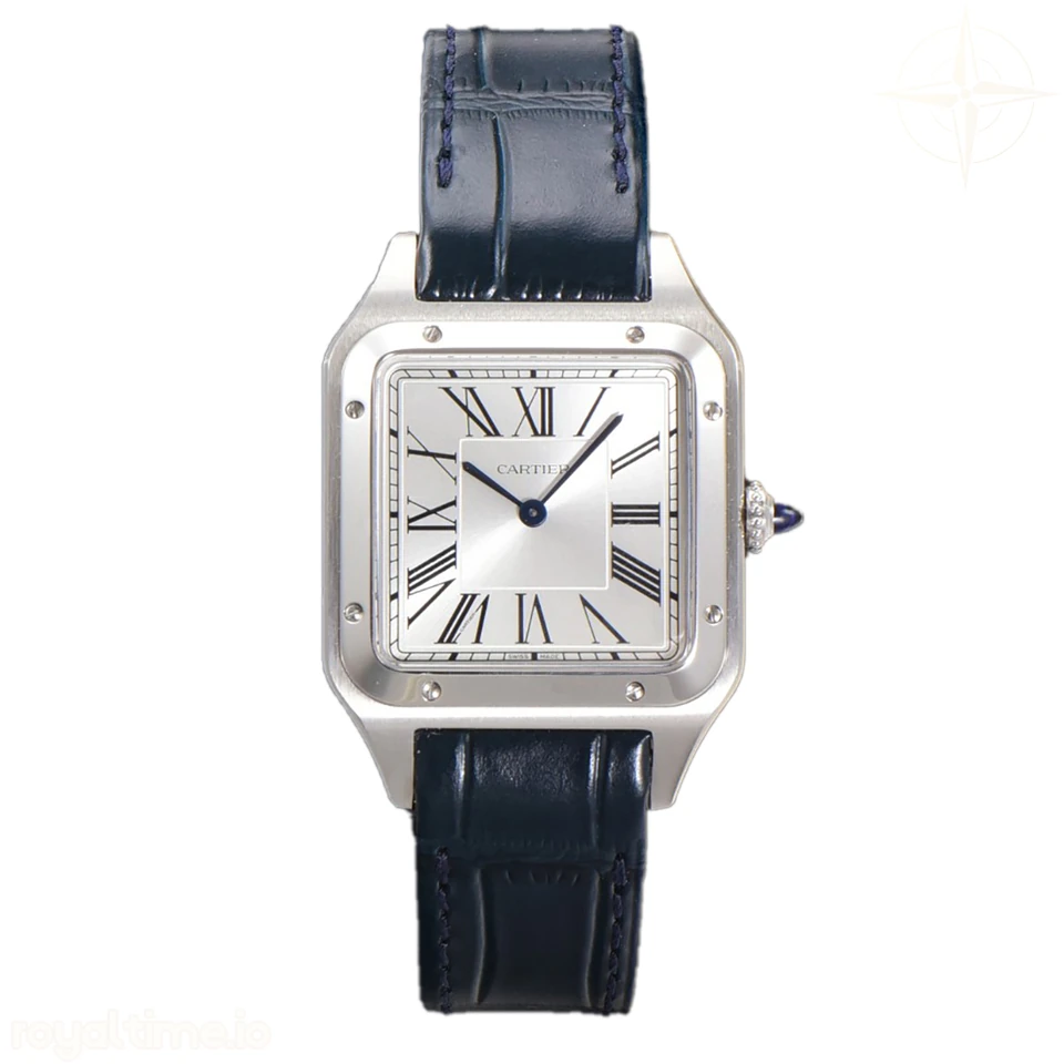 Cartier Santos-Dumont (Extra-Large) Silver Dial in Steel on Blue Leather Strap Ref. WSSA0032