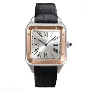 Cartier Santos-Dumont (Extra-Large) Silver Dial in Steel/Rose Gold on Black Leather Strap Ref. W2SA0017