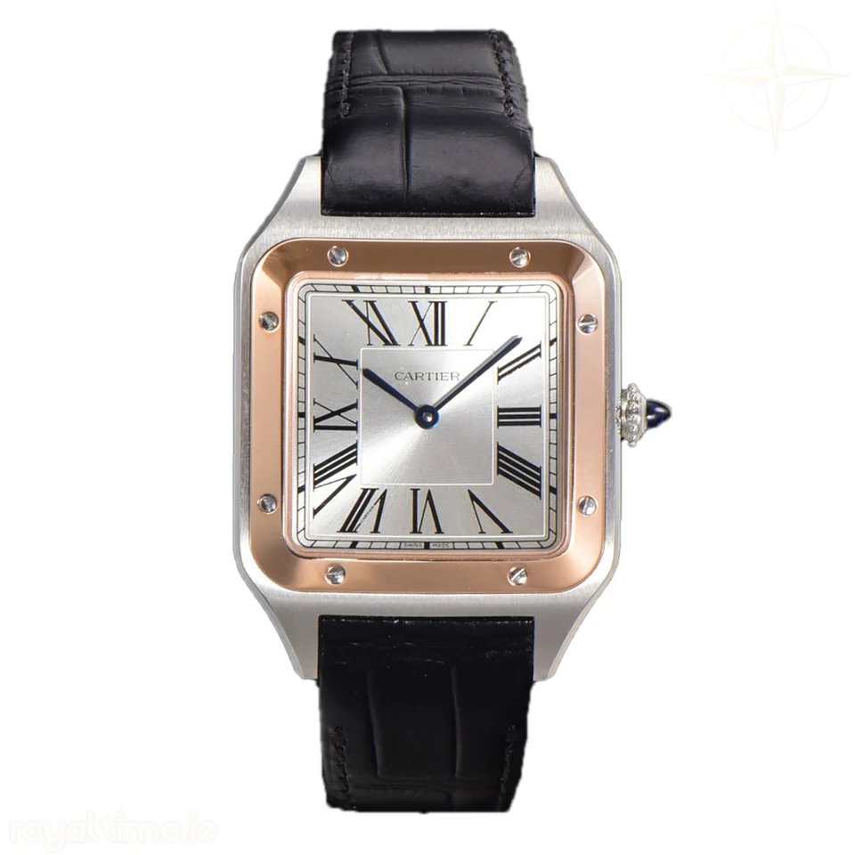 Cartier Santos-Dumont (Extra-Large) Silver Dial in Steel/Rose Gold on Black Leather Strap Ref. W2SA0017