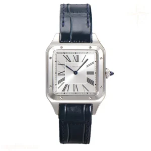 Cartier Santos-Dumont (Large) Silver Dial in Steel on Blue Leather Strap Ref. WSSA0022