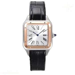 Cartier Santos-Dumont (Large) Silver Dial in Steel/Rose Gold on Black Leather Strap Ref. W2SA0011