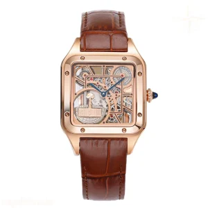 Cartier Santos-Dumont (Large) Skeleton Watch in Rose Gold on Brown Leather Strap