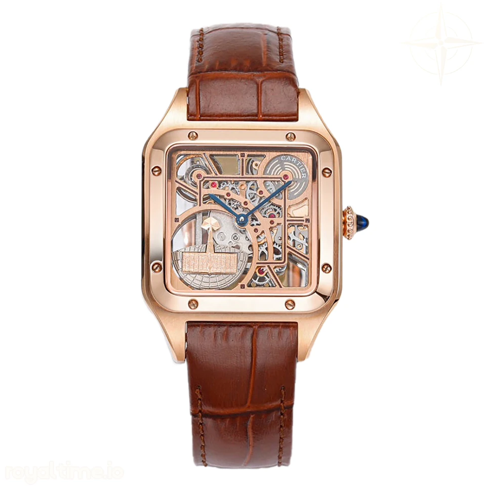 Cartier Santos-Dumont (Large) Skeleton Watch in Rose Gold on Brown Leather Strap