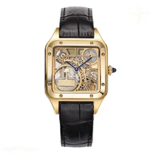 Cartier Santos-Dumont (Large) Skeleton Watch in Yellow Gold on Black Leather Strap