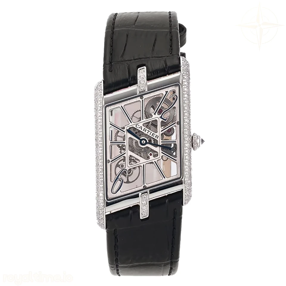 Cartier Tank Asymetrique Watch with Diamond Bezel on Steel in Black Leather Strap