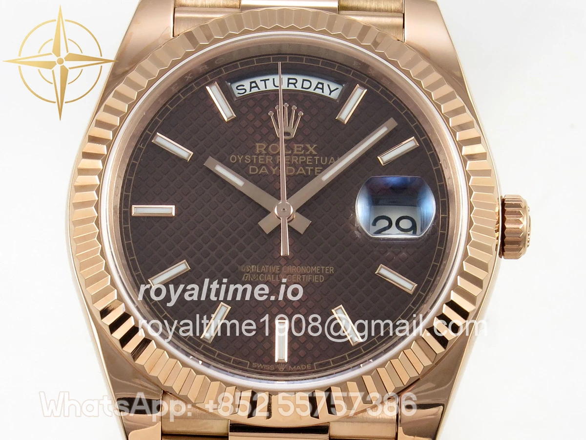 Rolex Day Date 40 RG TMF Brown Textured Stick Dial on President Bracelet VR3255 (Weighted) 208g - Image 2