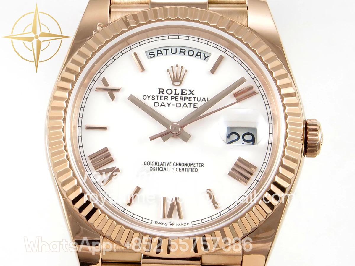 Rolex Day Date 40 RG TMF White Roman Dial on President Bracelet VR3255 (Weighted) 208g - Image 2