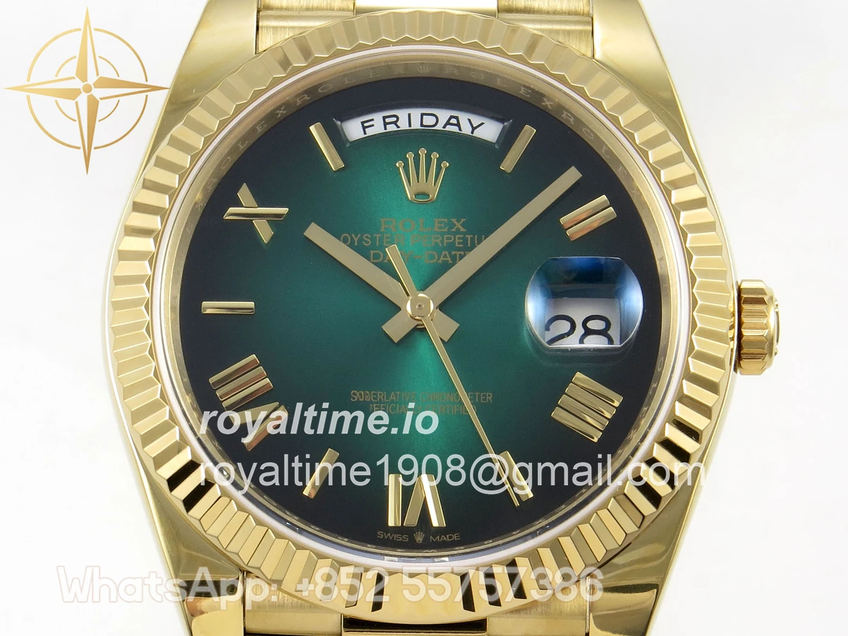 Rolex Day Date 40 YG TMF Green Ombre Roman Dial on President Bracelet VR3255 (Weighted) 208g - Image 2