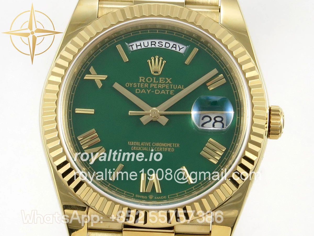 Rolex Day Date 40 YG TMF Green Roman Dial on President Bracelet VR3255 (Weighted) 208g - Image 2