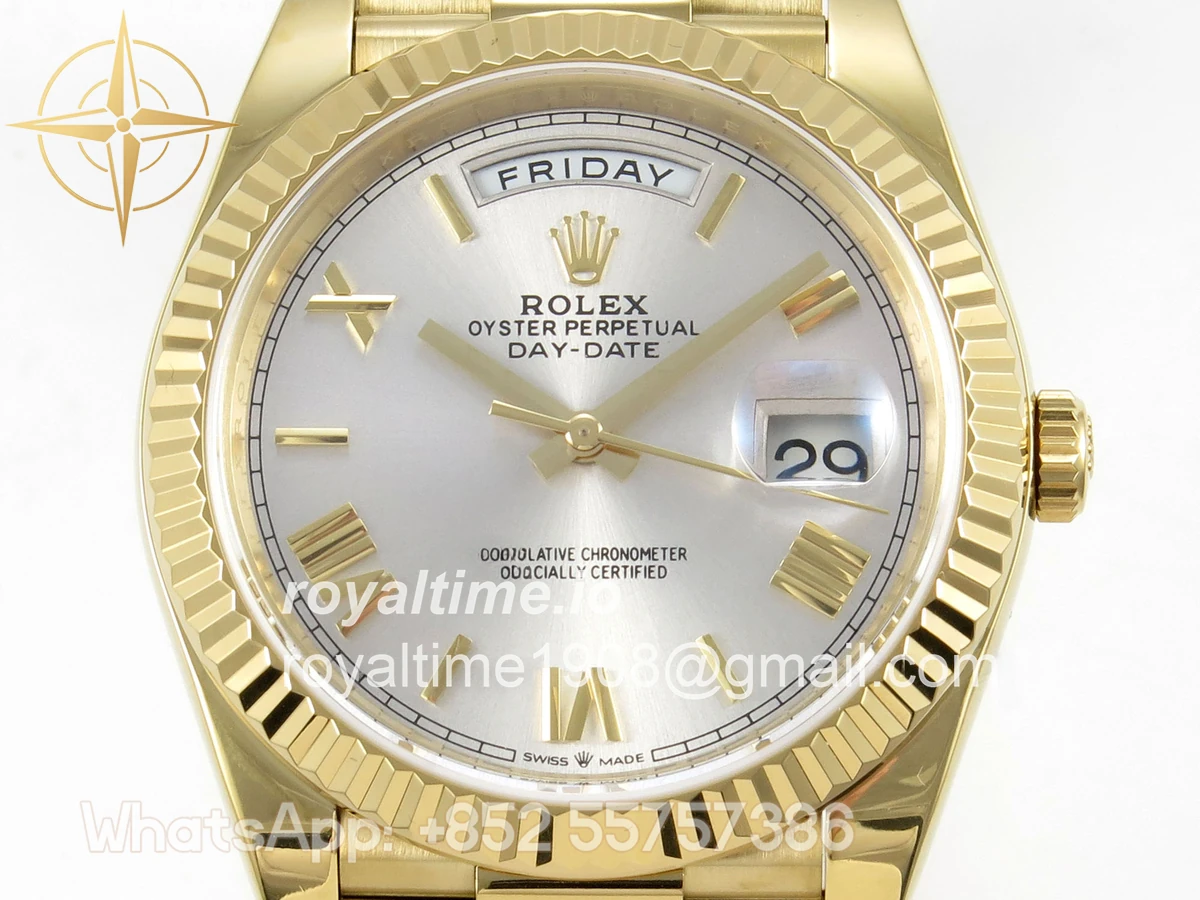 Rolex Day Date 40 YG TMF Silver Roman Dial on President Bracelet VR3255 (Weighted) 208g - Image 2