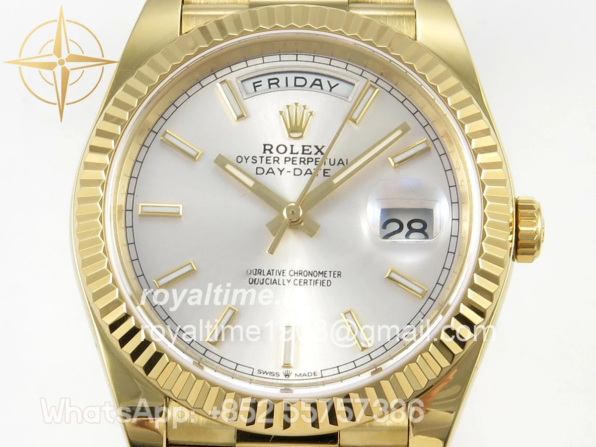 Rolex Day Date 40 YG TMF Silver Stick Dial on President Bracelet VR3255 (Weighted) 208g - Image 2