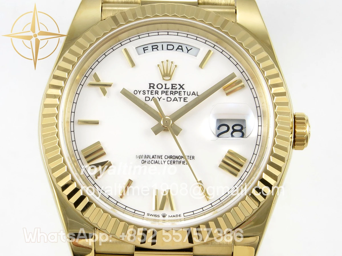 Rolex Day Date 40 YG TMF White Roman Dial on President Bracelet VR3255 (Weighted) 208g - Image 2