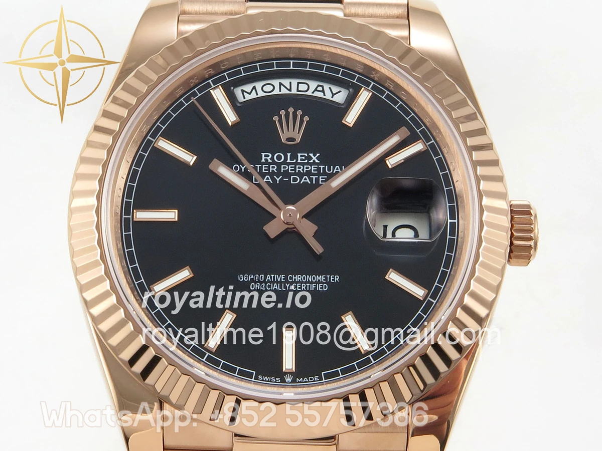 Rolex DayDate 40 RG QF 904L Steel Black Stick Dial on President Bracelet VR3255 V8 (Gain Weight) - Image 2