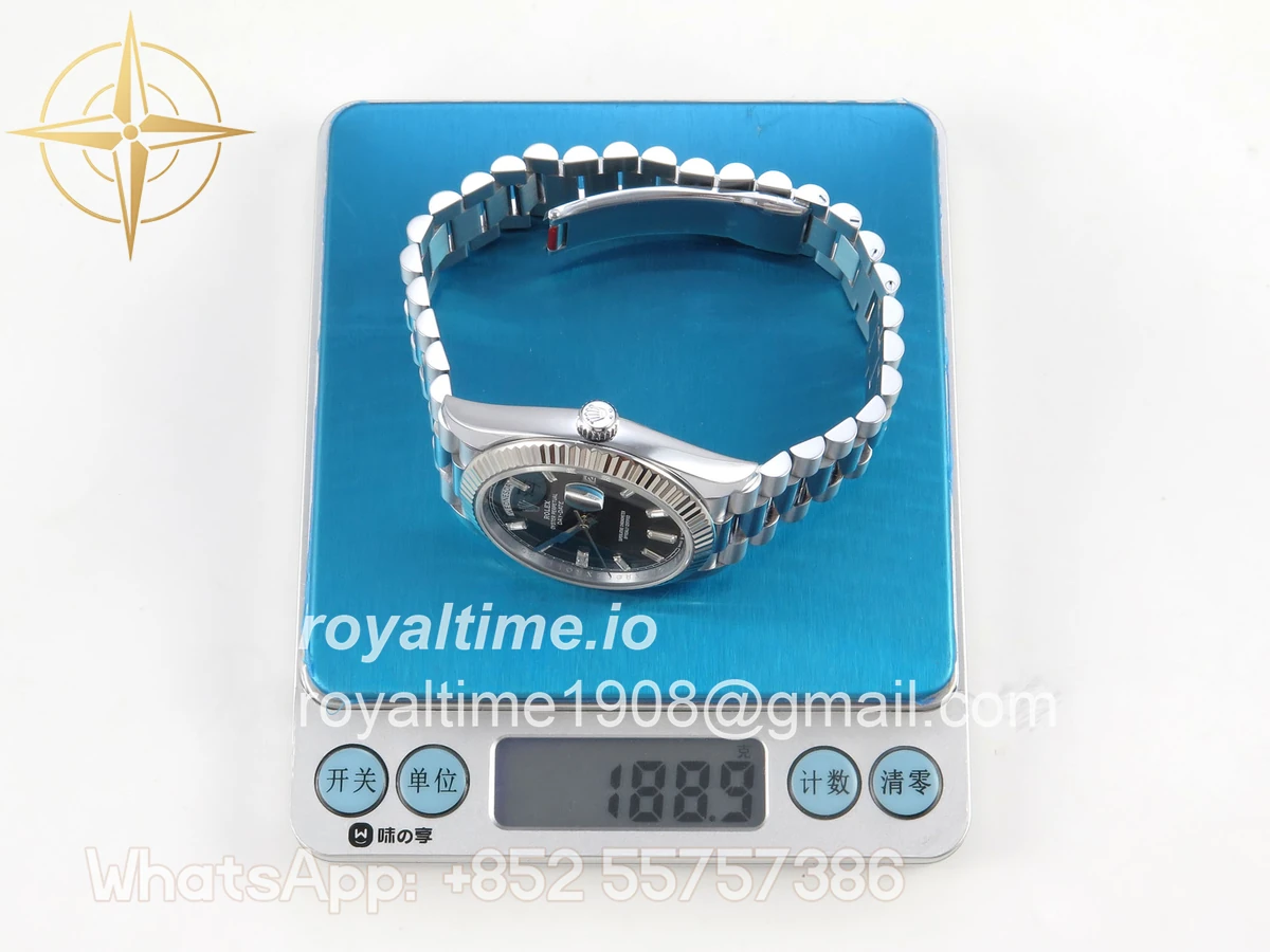 Rolex DayDate 40 SS QF 904L Steel Black Crystal Dial on President Bracelet VR3255 V8 (Gain Weight) - Image 2