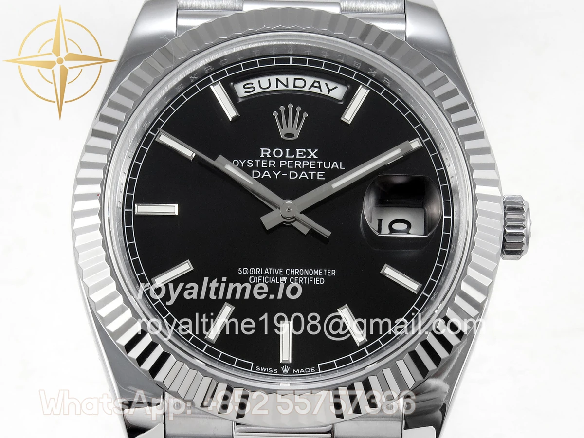 Rolex DayDate 40 SS QF 904L Steel Black Stick Dial on President Bracelet VR3255 V8 (Gain Weight) - Image 2