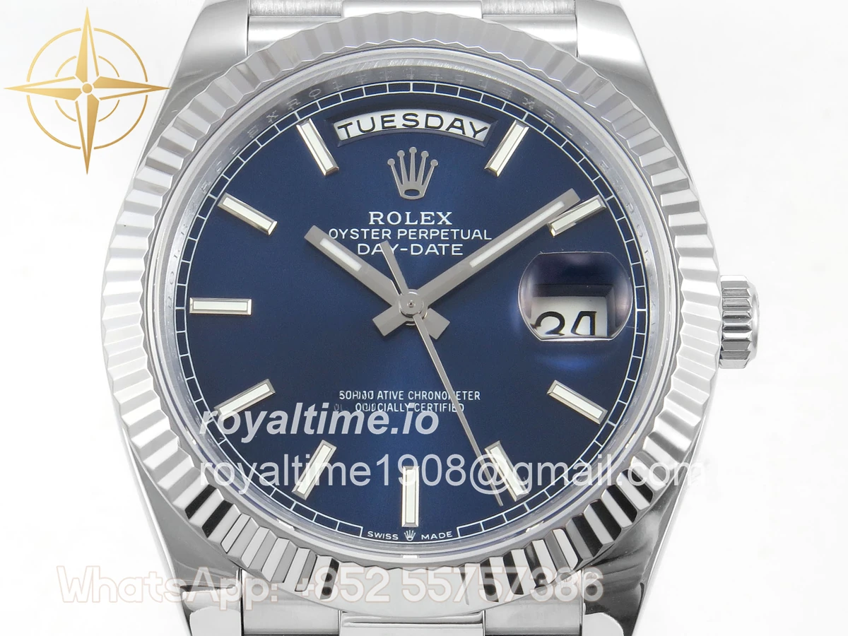 Rolex DayDate 40 SS QF 904L Steel Blue Stick Dial on President Bracelet VR3255 V8 (Gain Weight) - Image 2
