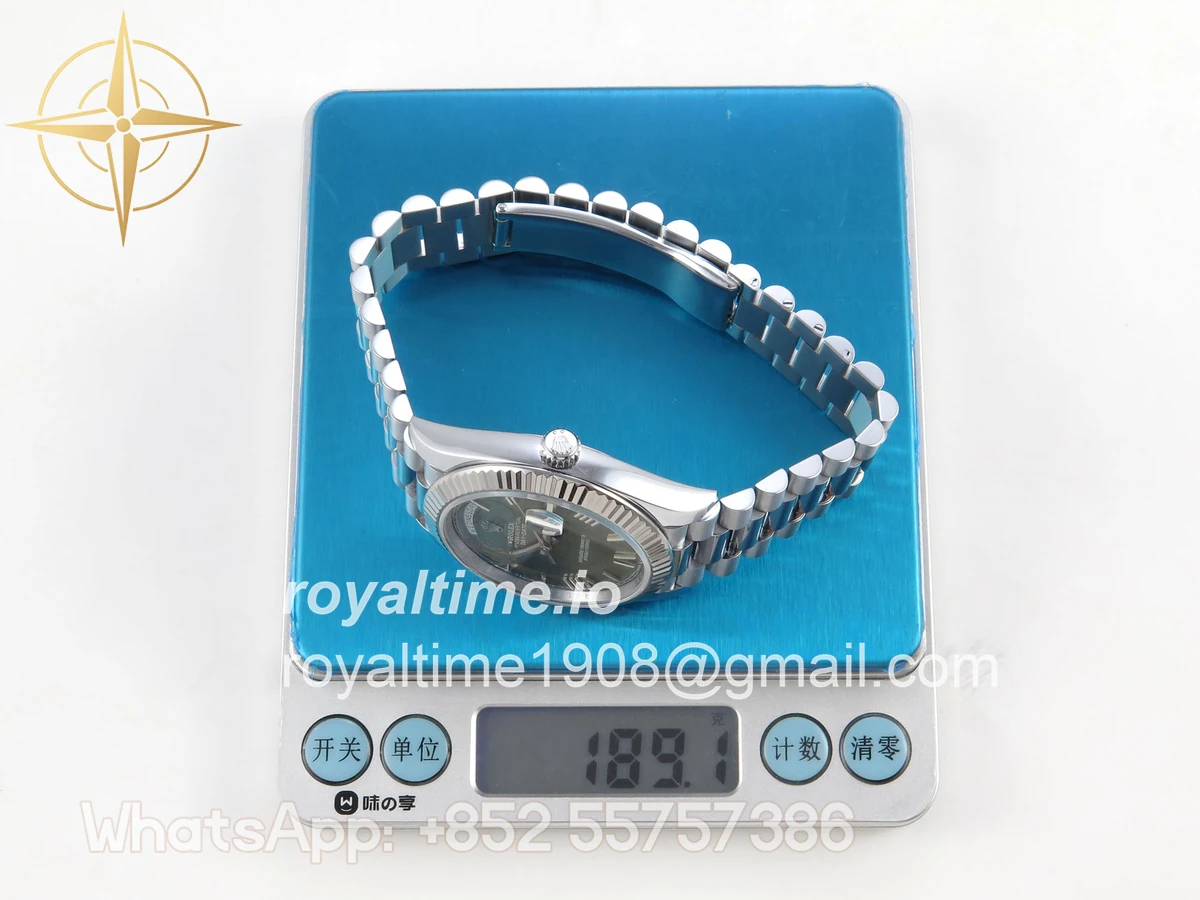 Rolex DayDate 40 SS QF 904L Steel Green Roman Dial on President Bracelet VR3255 V8 (Gain Weight) - Image 2