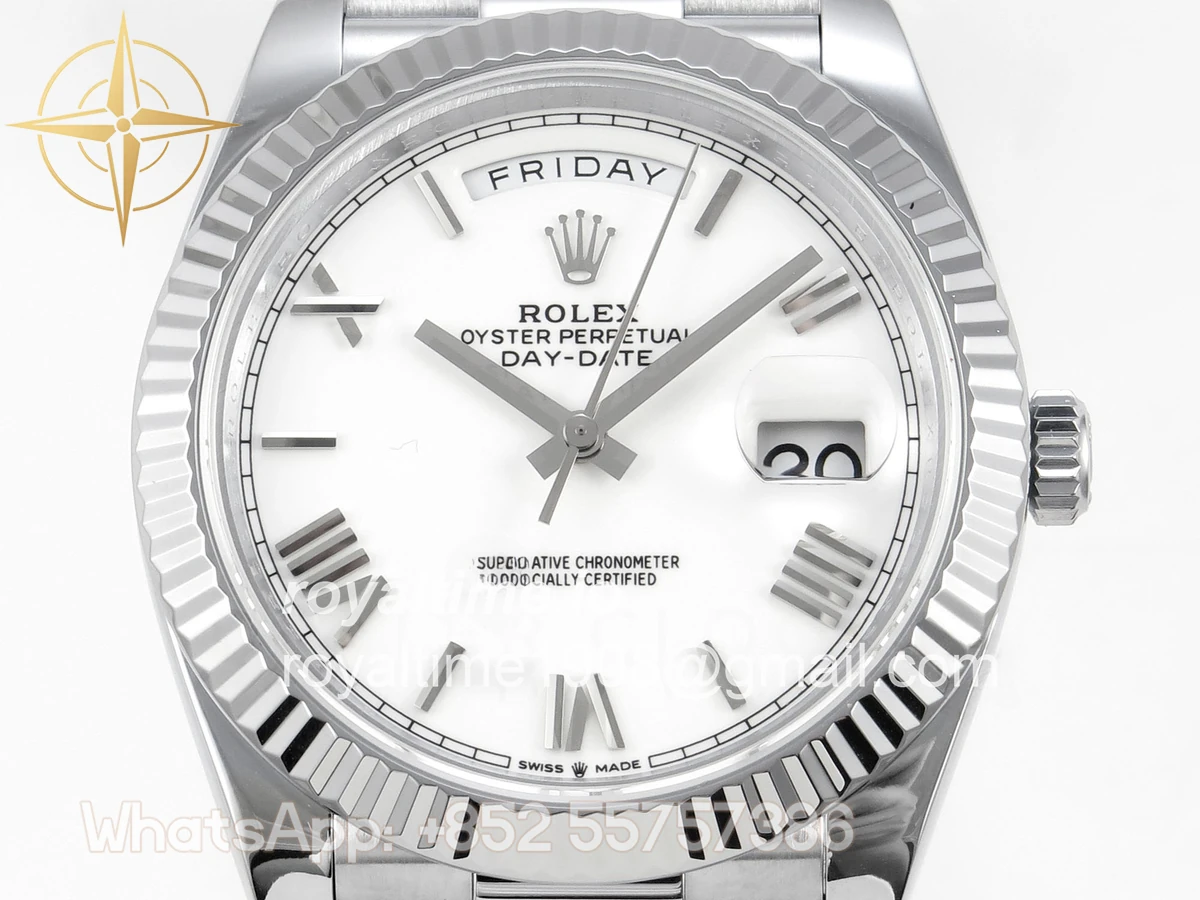 Rolex DayDate 40 SS QF 904L Steel White Roman Dial on President Bracelet VR3255 V8 (Gain Weight) - Image 2