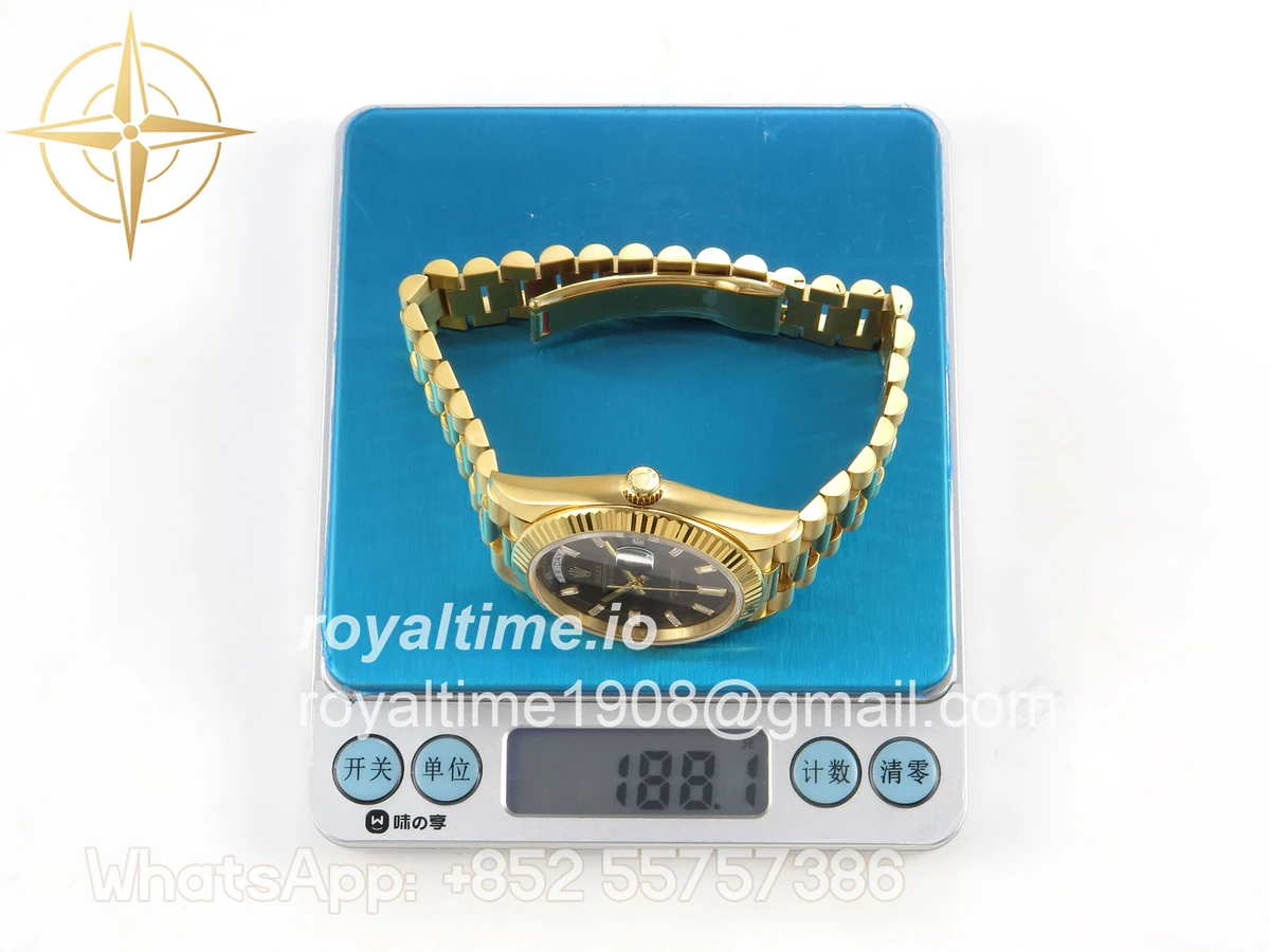 Rolex DayDate 40 YG QF 904L Steel Black Crystal Dial on President Bracelet VR3255 V8 (Gain Weight) - Image 2