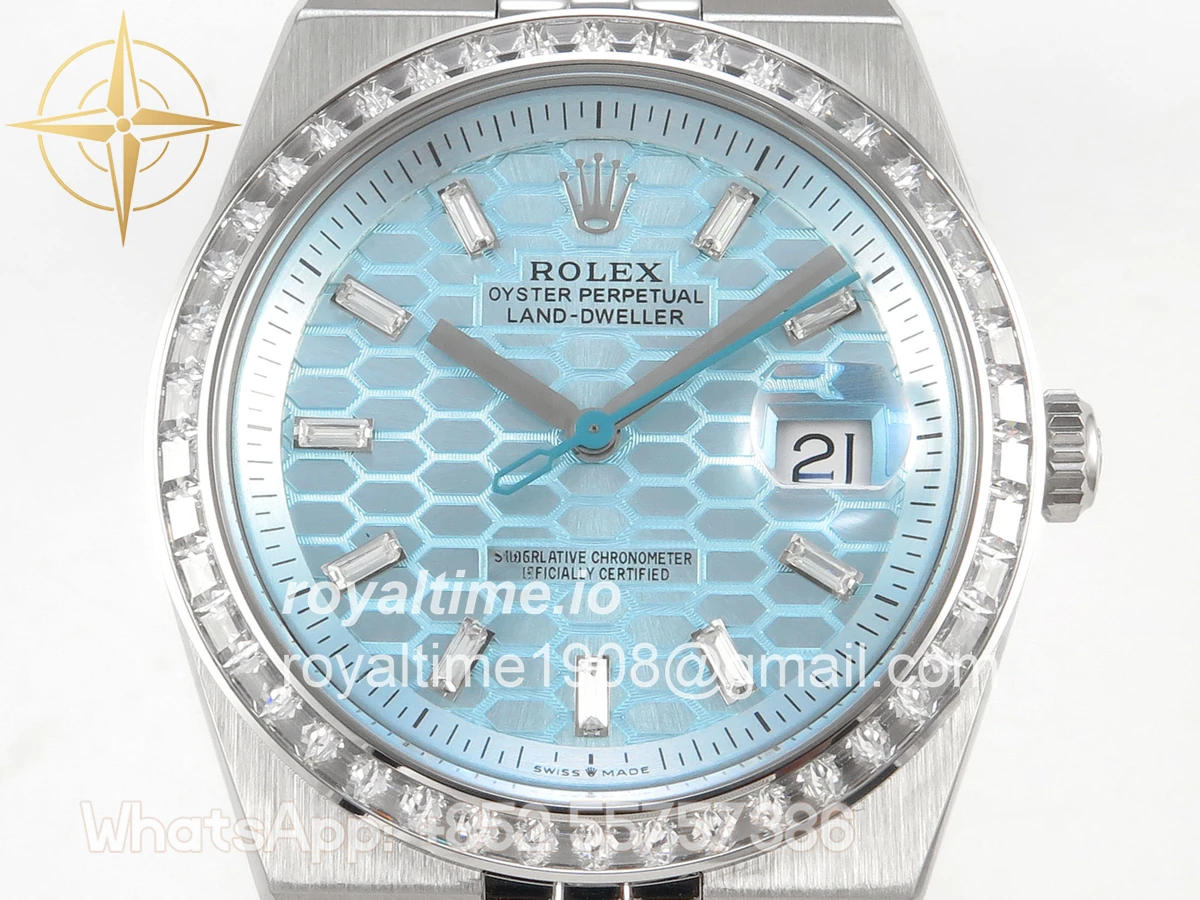 Rolex Land Dweller 127336 DIWF Ice Blue Textured Dial Diamonds Bezel on SS Bracelet A7135 - Image 2