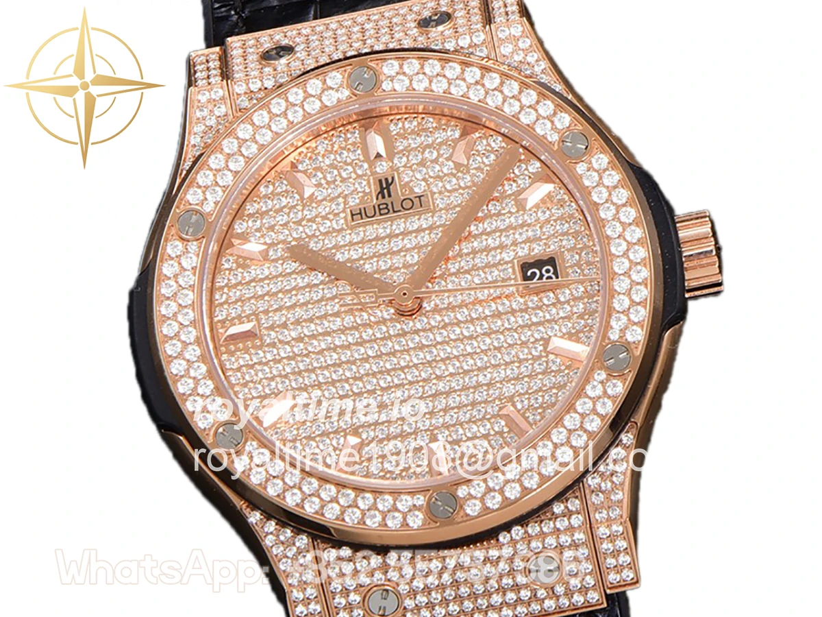 Hublot Classic Fusion Automatic 42mm Diamond Paved Dial in Rose Gold on Black Leather Strap - Image 2