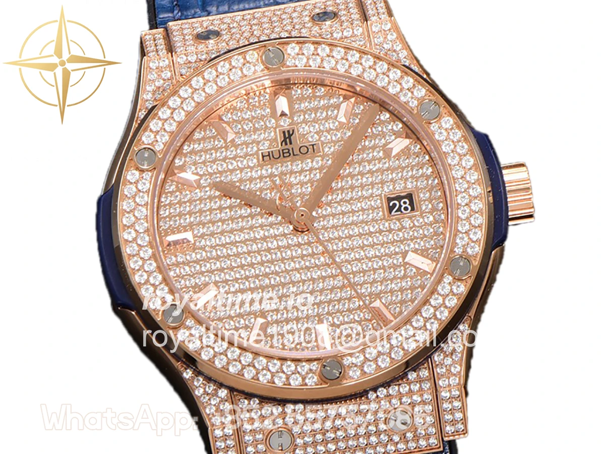 Hublot Classic Fusion Automatic 42mm Diamond Paved Dial in Rose Gold on Blue Leather Strap - Image 2