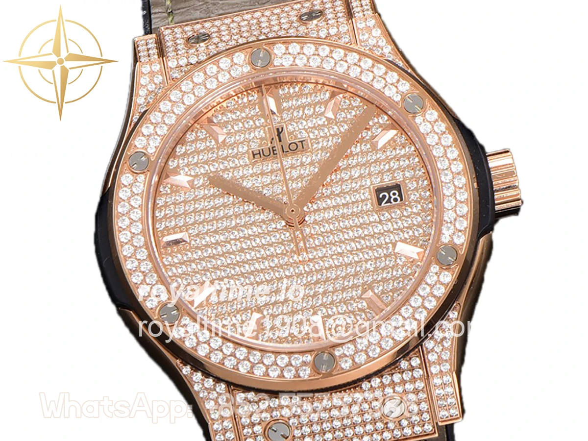 Hublot Classic Fusion Automatic 42mm Diamond Paved Dial in Rose Gold on Brown Leather Strap - Image 2