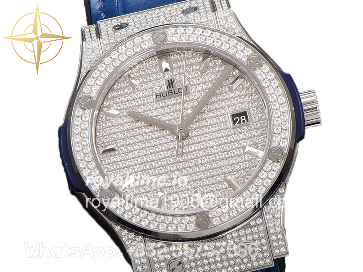 Hublot Classic Fusion Automatic 42mm Diamond Paved Dial in Steel on Blue Leather Strap - Image 2