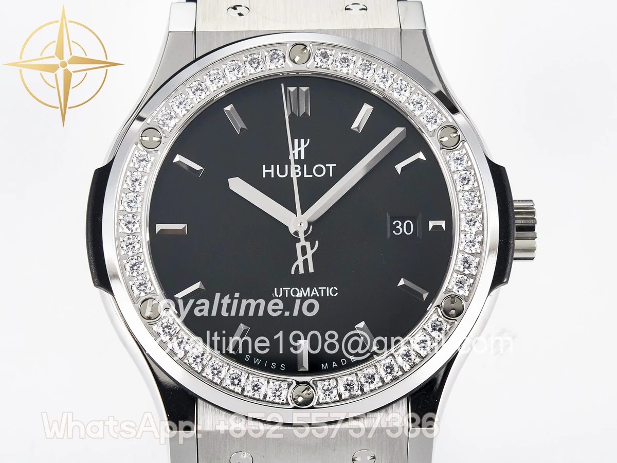 Hublot Classic Fusion Bang 42mm HBF Black Dial Diamonds Bezel on Black Rubber Strap A2892 - Image 2