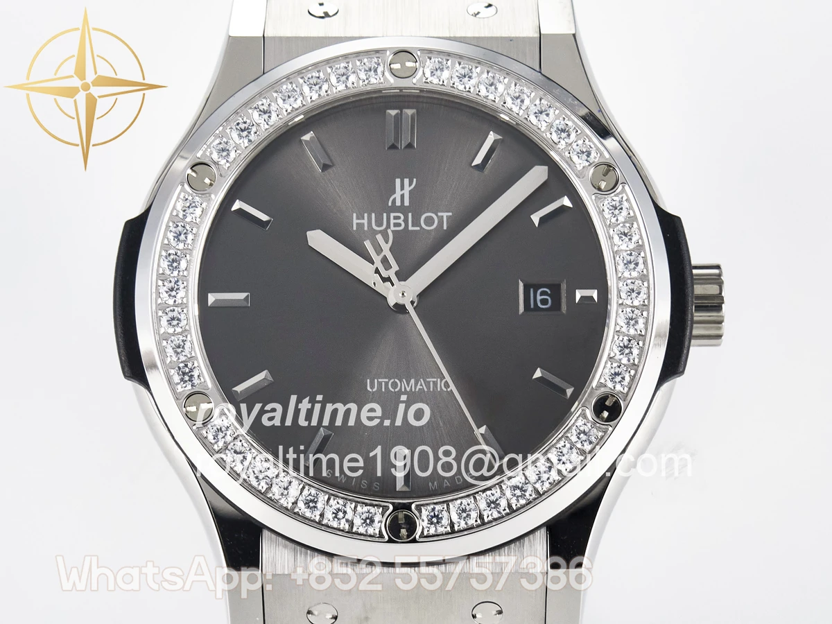 Hublot Classic Fusion Bang 42mm HBF Gray Dial Diamonds Bezel on Gray Leather Strap A2892 - Image 2