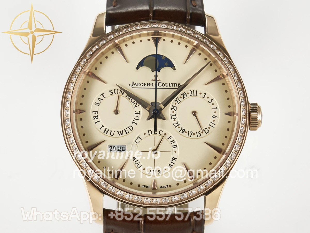 Jaeger-LeCoultre Master Ultra Thin Perpetual Calendar RG V9F Cream Dial Diamonds Bezel on Brown Leather Strap A868 V2 - Image 2