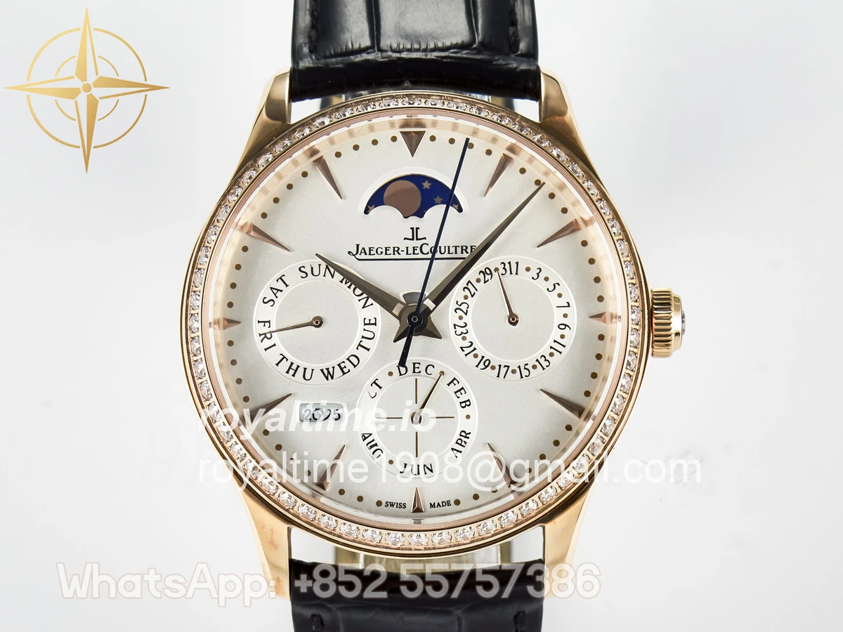 Jaeger-LeCoultre Master Ultra Thin Perpetual Calendar RG V9F White Dial Diamonds Bezel on Black Leather Strap A868 V2 - Image 2
