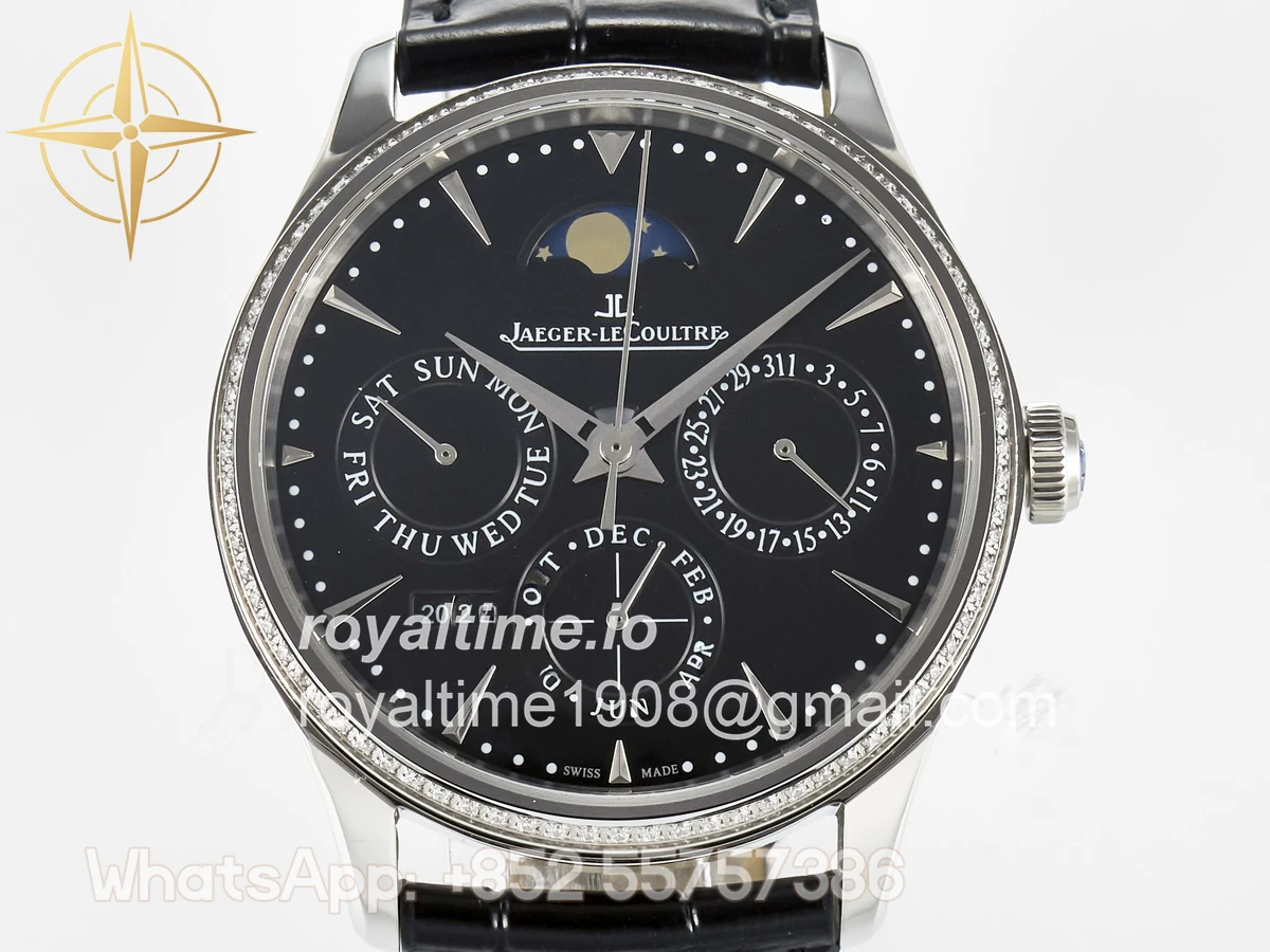 Jaeger-LeCoultre Master Ultra Thin Perpetual Calendar SS V9F Black Dial Diamonds Bezel on Black Leather Strap A868 V2 - Image 2