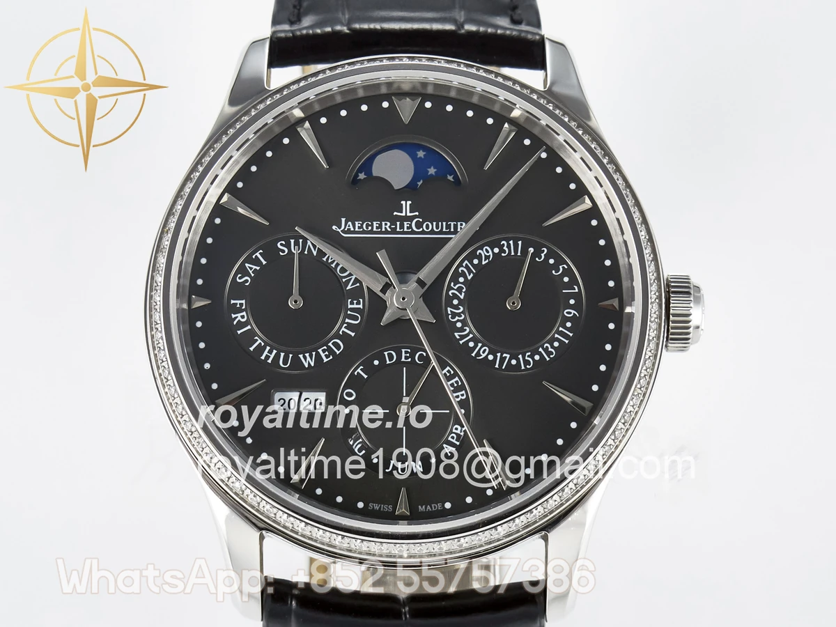Jaeger-LeCoultre Master Ultra Thin Perpetual Calendar SS V9F Gray Dial Diamonds Bezel on Black Leather Strap A868 V2 - Image 2