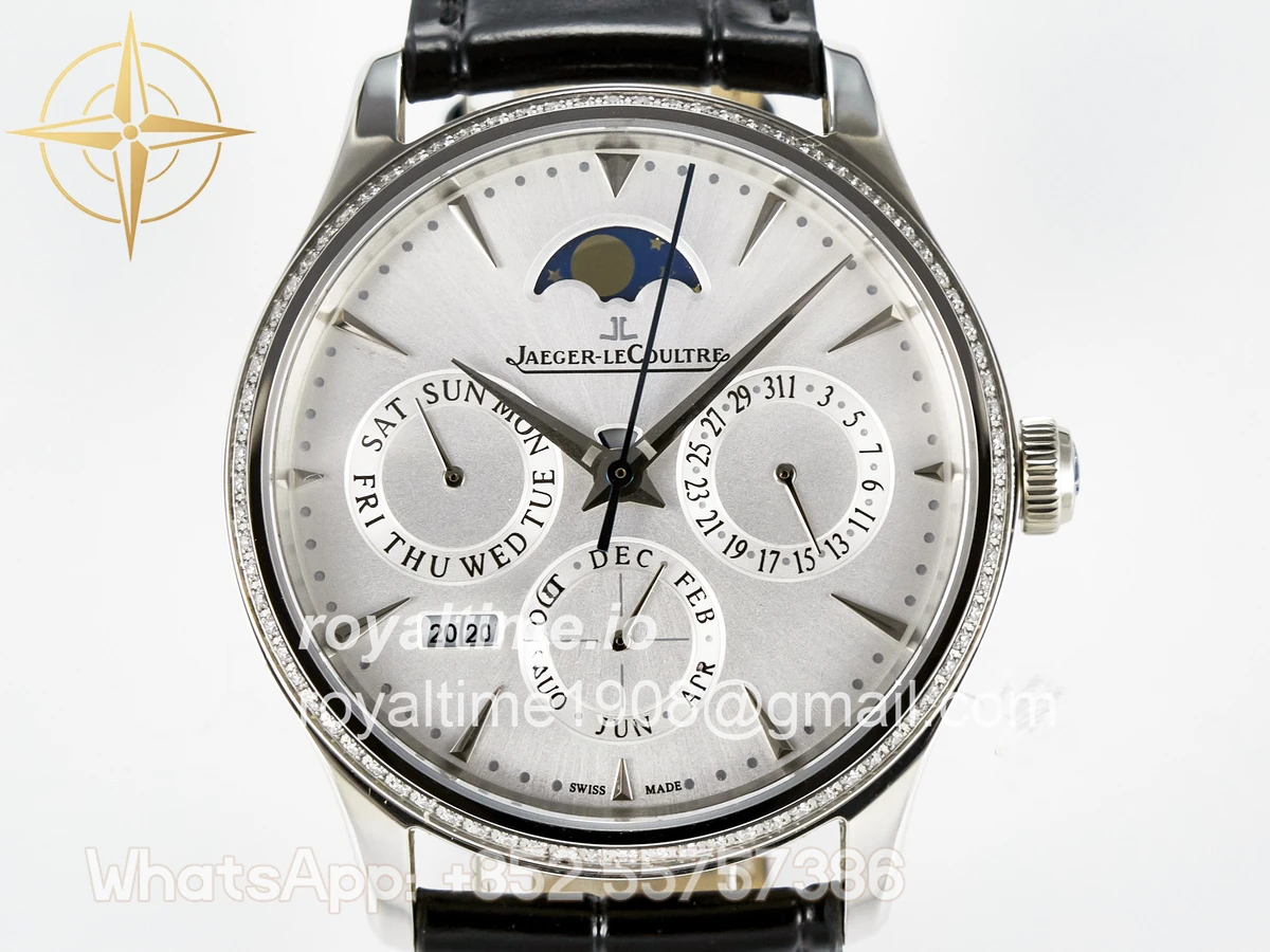 Jaeger-LeCoultre Master Ultra Thin Perpetual Calendar SS V9F White Dial Diamonds Bezel on Black Leather Strap A868 V2 - Image 2