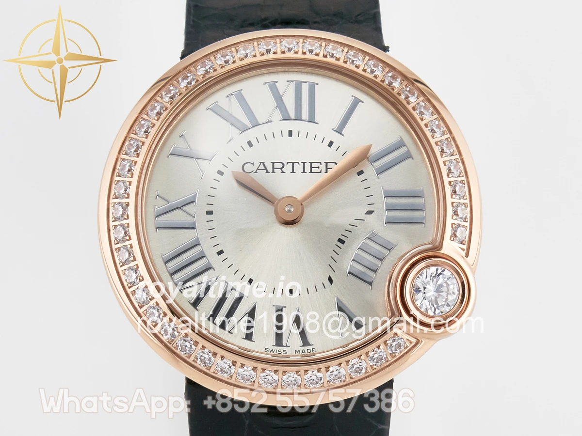 Cartier Ballon Blanc De Cartier 30mm RG DRF Silvered Texture Dial Diamonds Bezel on Black Leather Strap Ronda Quartz - Image 2