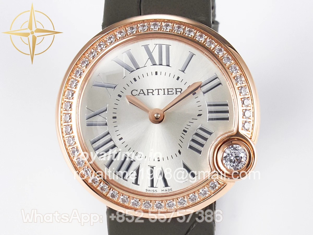 Cartier Ballon Blanc De Cartier 30mm RG DRF Silvered Texture Dial Diamonds Bezel on Green Leather Strap Ronda Quartz - Image 2