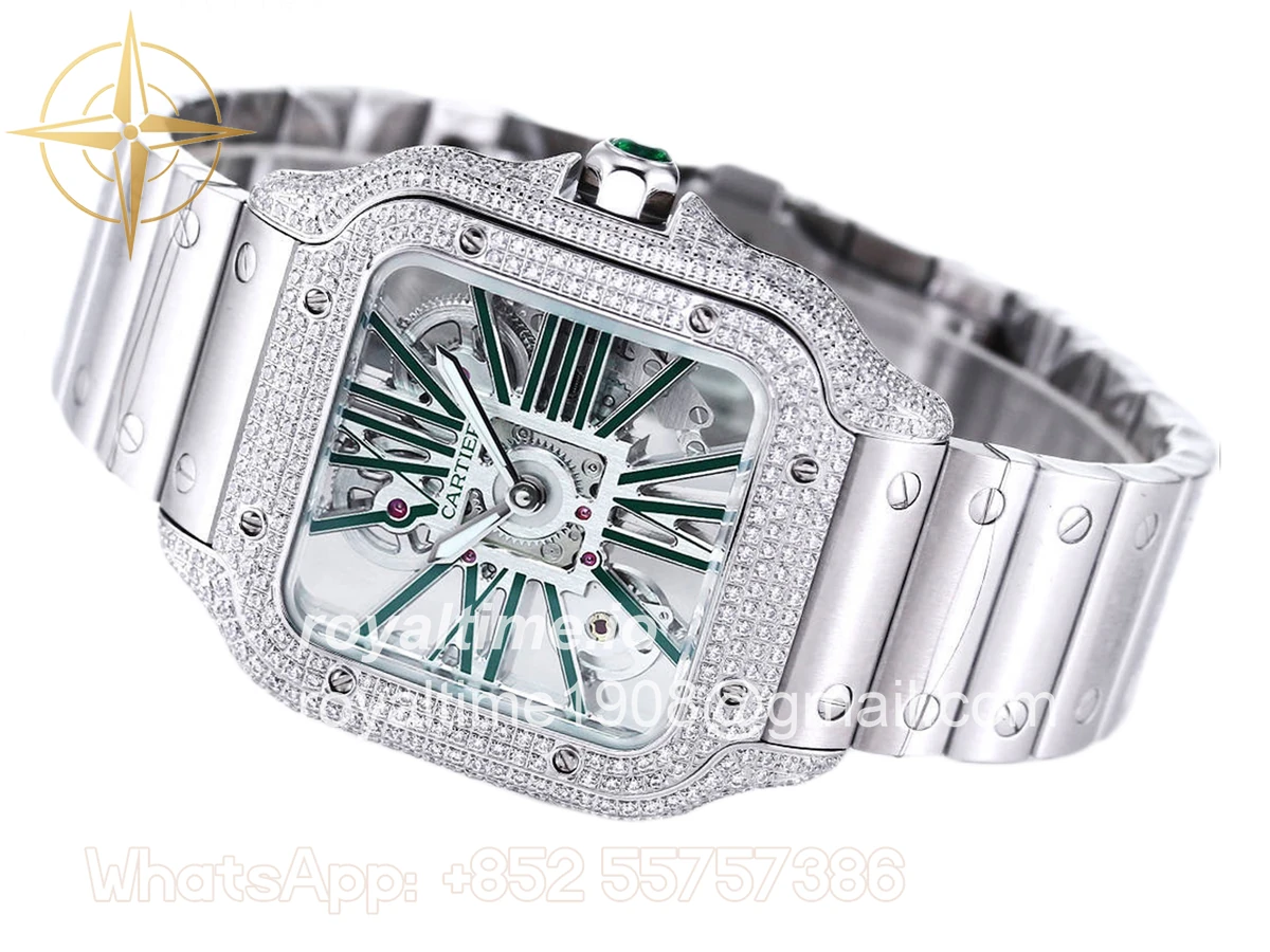Cartier Santos De Cartier Watch Skeleton Dial Green Marker with Diamond Bezel in Steel - Image 2