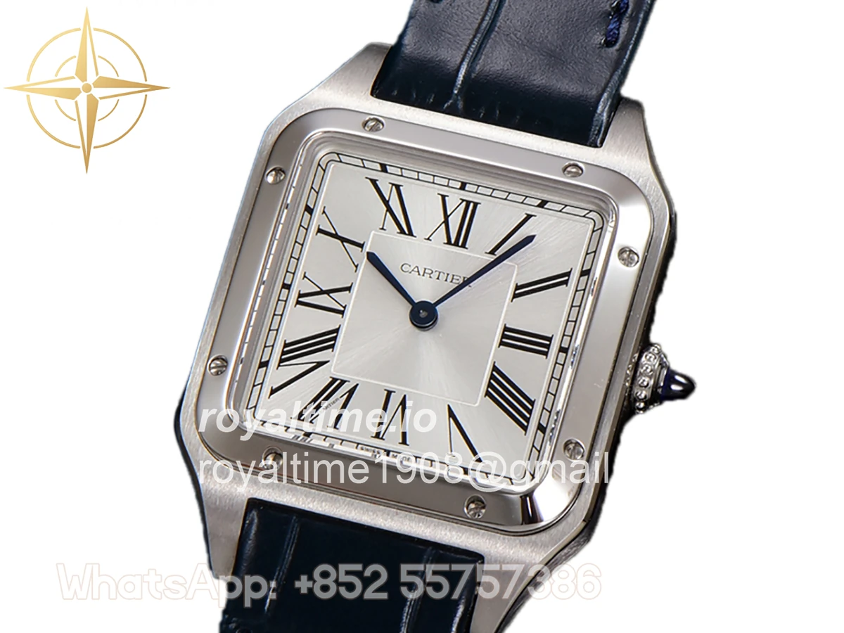 Cartier Santos-Dumont (Extra-Large) Silver Dial in Steel on Blue Leather Strap Ref. WSSA0032 - Image 2